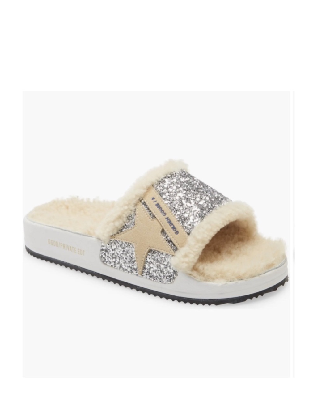 Golden Goose Poolstar Suede Shearling Glitter Slide Sandals Silver NWT 7 37